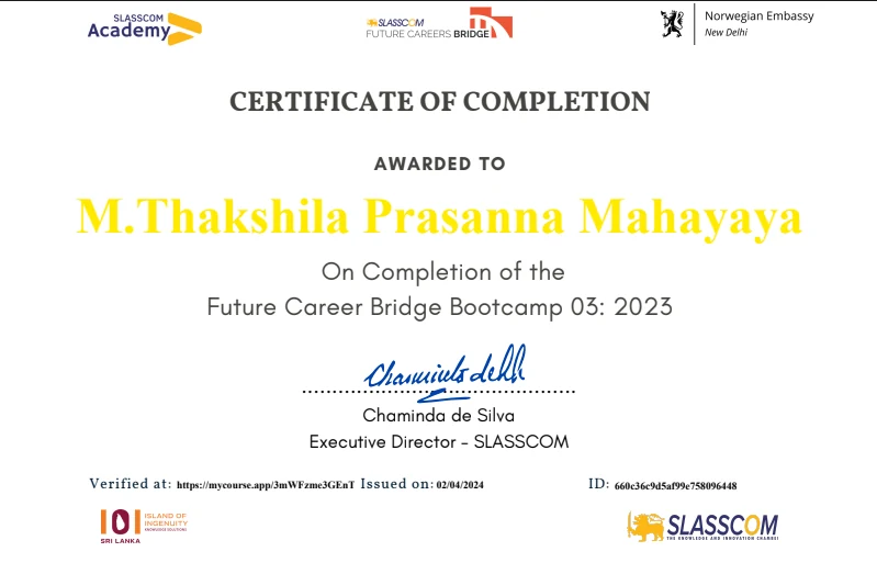 Future Career Bridge Bootcamp 03 (2023) certificate – Thakshila Prasanna